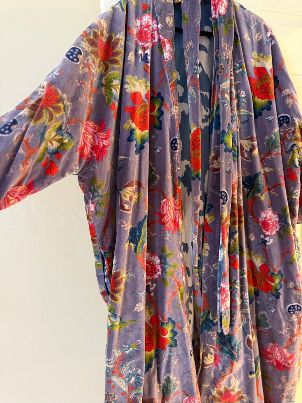 Oversized Boho Velvet Floral Kimono Duster in Slate Gray with Red Accents - Picture 7 of 8